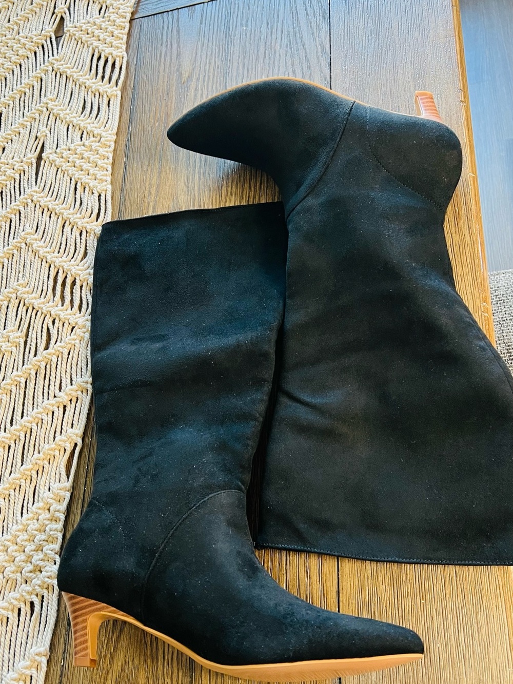 Women's Black Suede Knee-High Boots with Low Block Heel